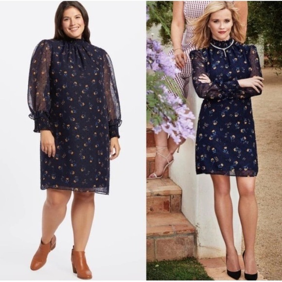 Draper James Floral Midi Dress Sheer Chiffon Swiss Dot Feminine Mock Neck Shift - Picture 1 of 7